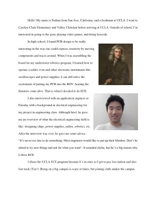 你好！我叫 Nathan，来自加利福尼亚州圣何塞，是加州大学洛杉矶分校的一名新生。我去了